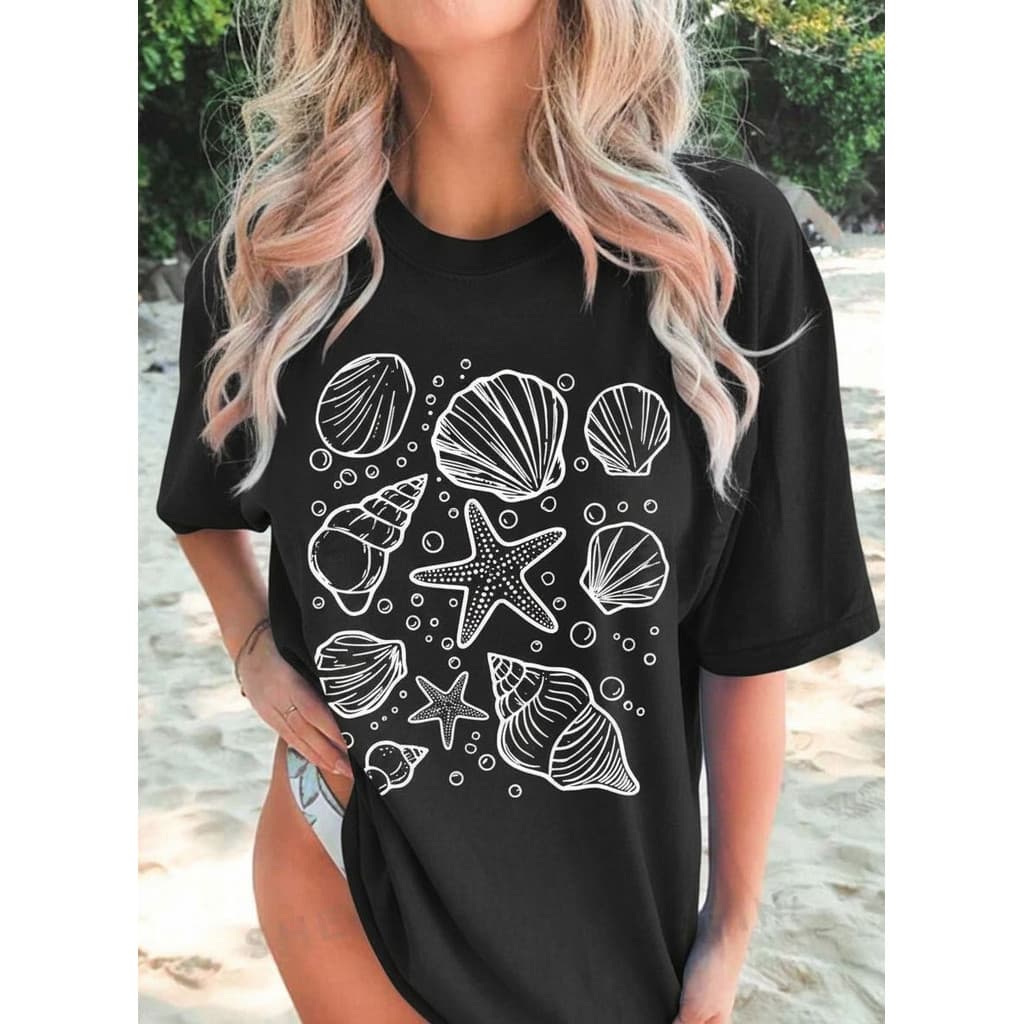 Camiseta Feminina Com Estampa De Concha Praia Qualidade Premium Envio De Imediato