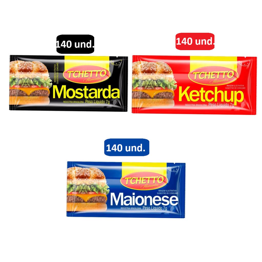 Kit 140x Saches 7g Catchup, Mostarda E Maionese