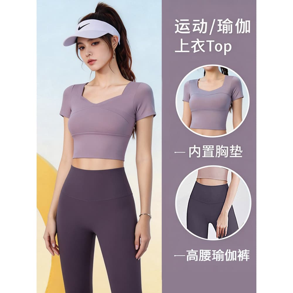 Fat mm Plus Size terno esportivo Yoga Wear feminino com almofada no peito Fitness camiseta de manga curta alta elasticid