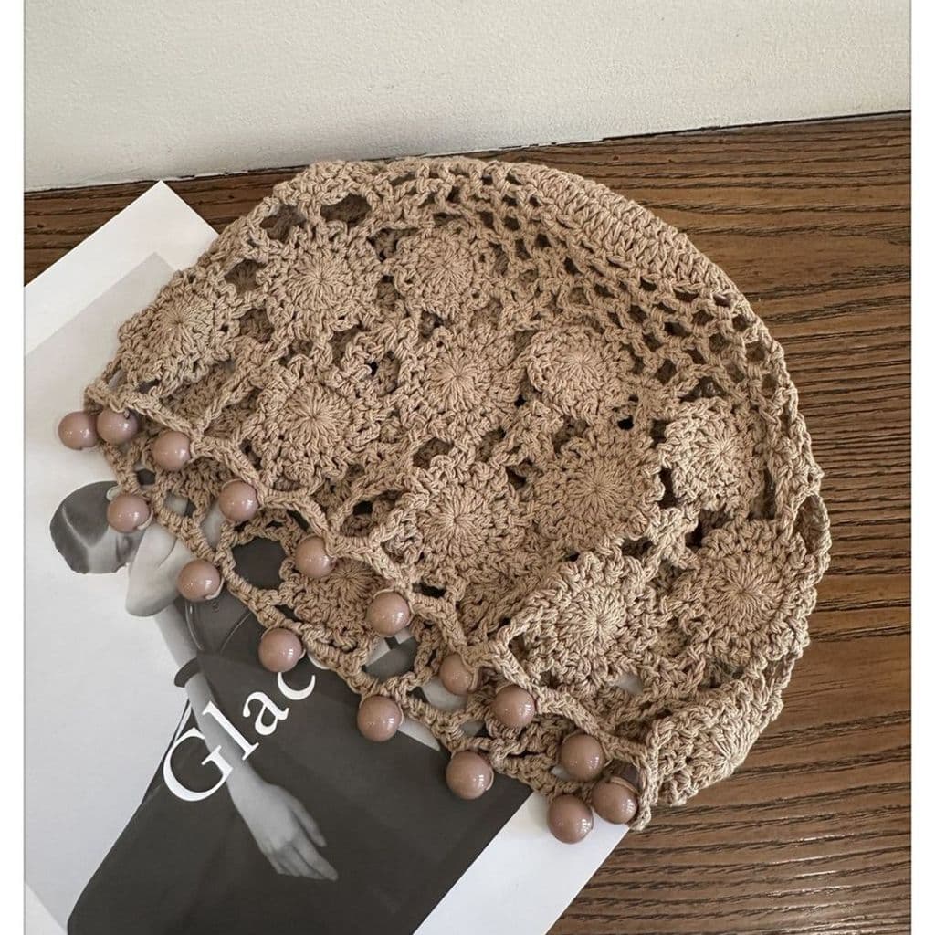 Boné de cabeça de flor tricotado à mão feminino primavera verão estilo fino oco crochê chapéu de malha fio de algodão fr