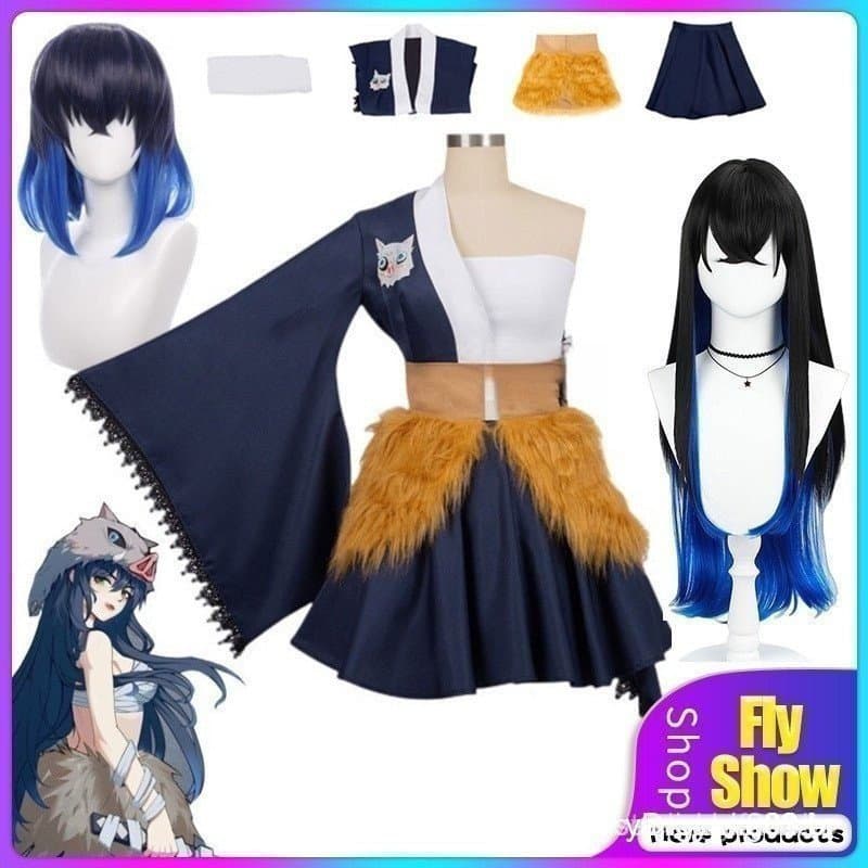 Peruca Longa para Cosplay de Anime Demon Slayer Hashibira Inosuke Kimetsu No Yaiba Traje de Serva Feminina 2K1U PUQH