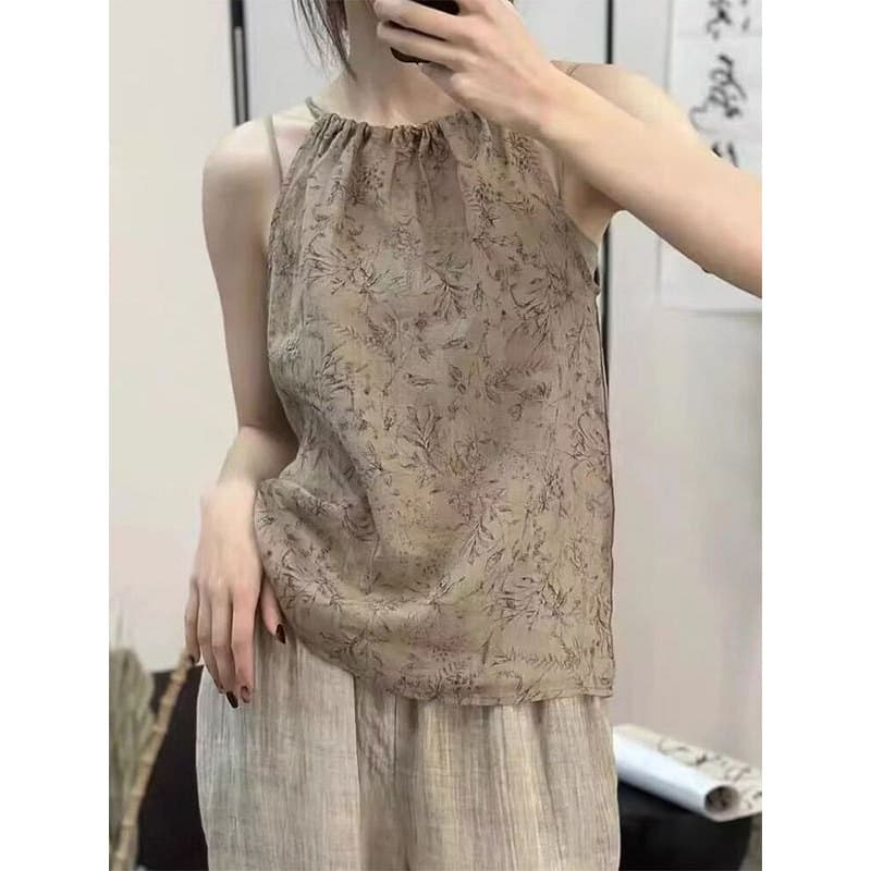 Zeimo Qinghe ~ Novo estilo chinês Floral Ramie Sling feminino roupa externa gola Halter camisa pequena com Top de linho