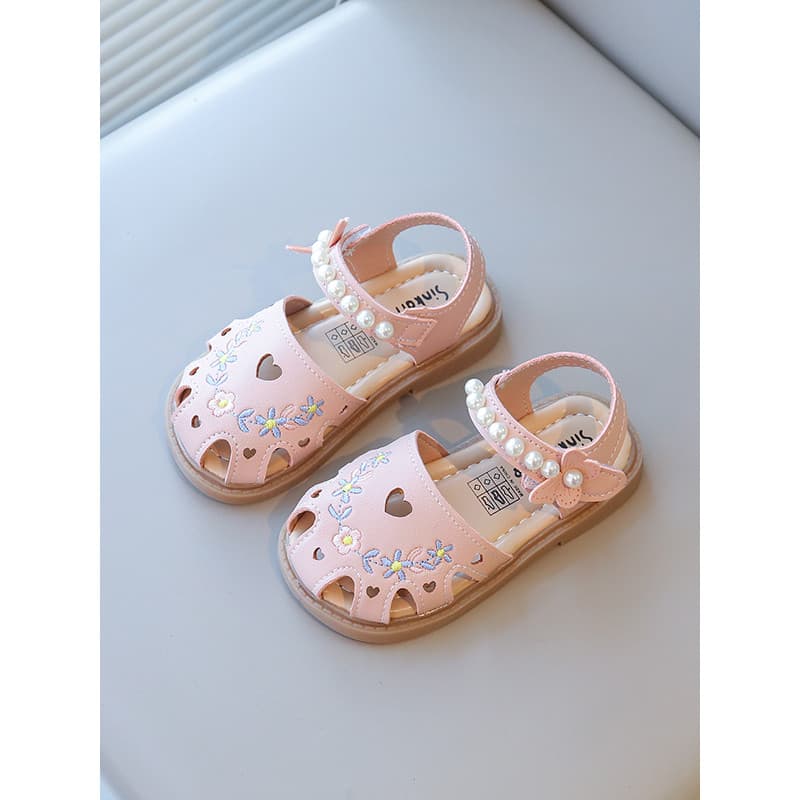 Novo rosa bonito flor pérola sapatos de bebê Baotou sola macia antiderrapante respirável meninas sandálias da criança sa