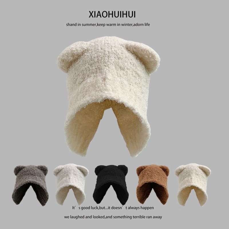 Influenciador cinza bonito urso orelha chapéu feminino outono inverno All-Match quente malha lã chapéu proteção de orelh