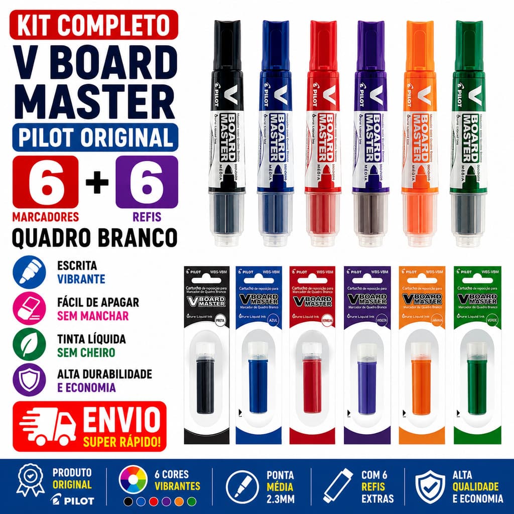 Kit 6 Marcadores Quadro Branco Pilot V-Board Master Recarregável + 6 Refis Original Pincel Atômico