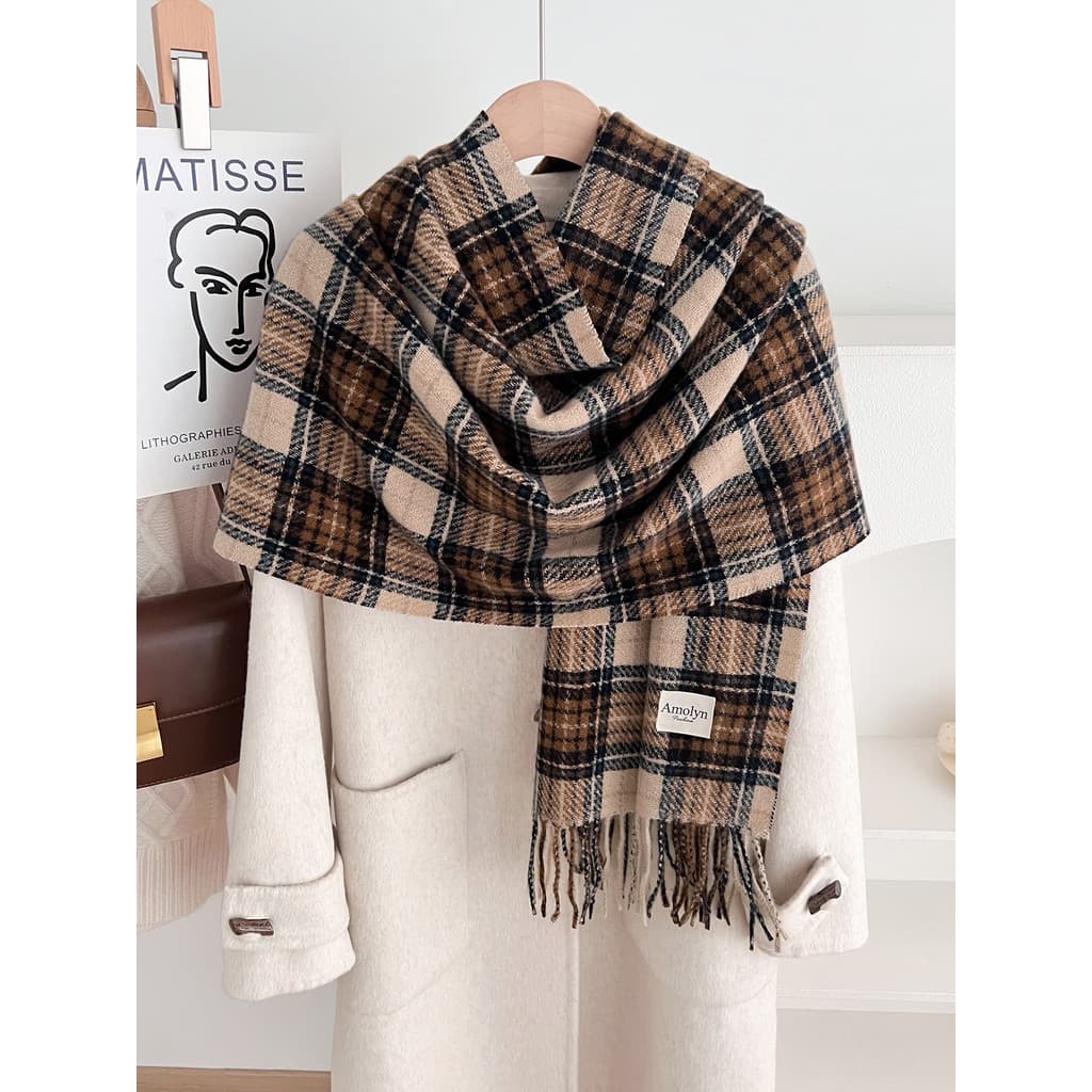 Outono inverno cachecol feminino novo estilo xadrez imitação de caxemira cachecol Melade contraste cor xale engrossado q