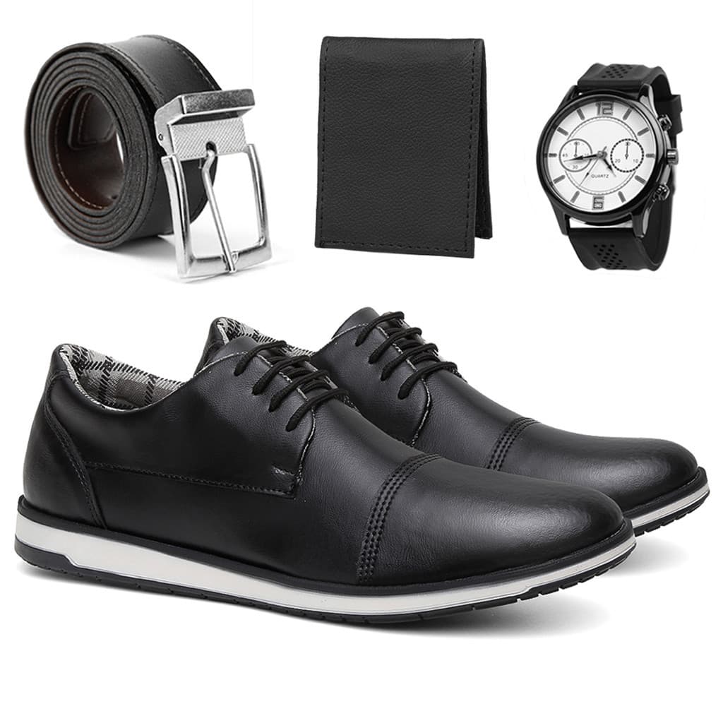 Kit Sapato Social Oxford Masculino Cinto Carteira Relógio Moderno Elegante Casual Confotável Trabalho Dia a Dia