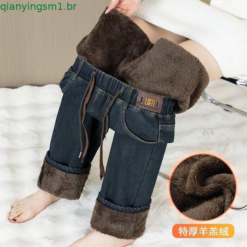 Calças Jeans Femininas Retrô De Cintura Alta Com Pernas Largas Para O Inverno , Elásticas De Veludo Americano Cadarço