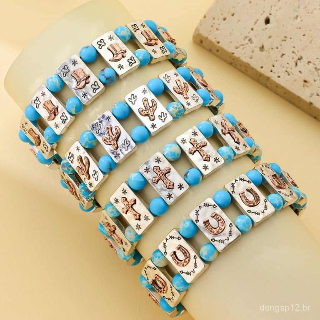 Pulseira de contas estilo ocidental, pulseira elástica, estilo étnico.