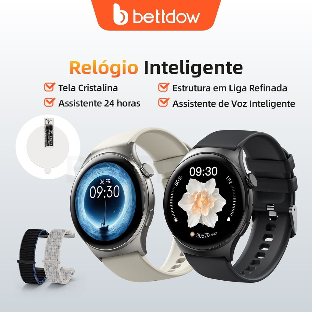 Smartwatch BETTDOW FB060 IP68, liga de zinco, 3D dinâmico, monitora saúde completo e tem assistente de voz.