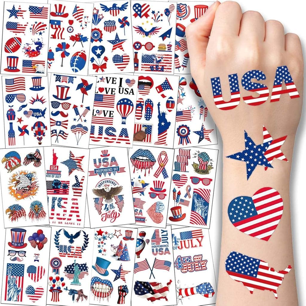 20 Folhas de Tatuagens Temporárias para Mulheres para o 4 de Julho – Adesivos de Arte Corporal à Prova d'Água para o Dia