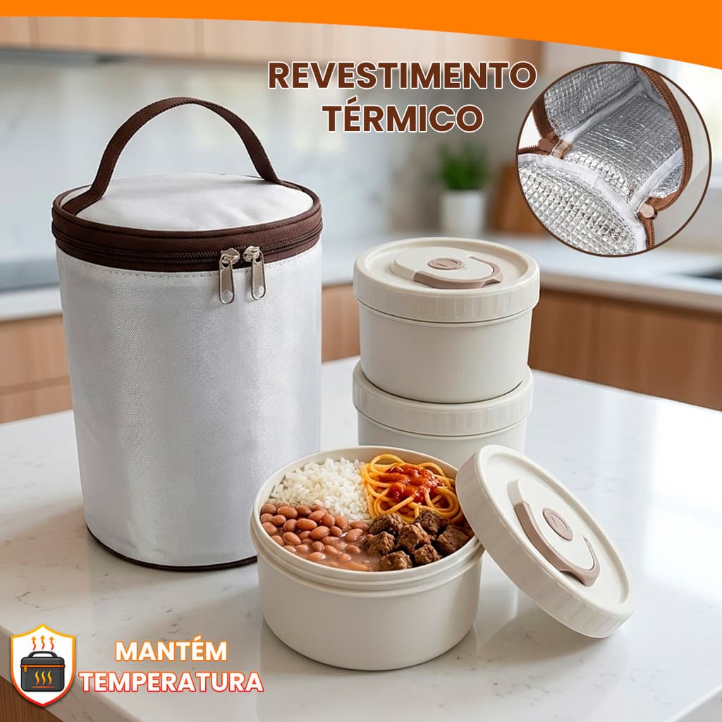Kit Bolsa Porta Marmita Térmica 3 Potes 400ml e 520ml Lancheira Revestimento Térmico Almoço Trabalho