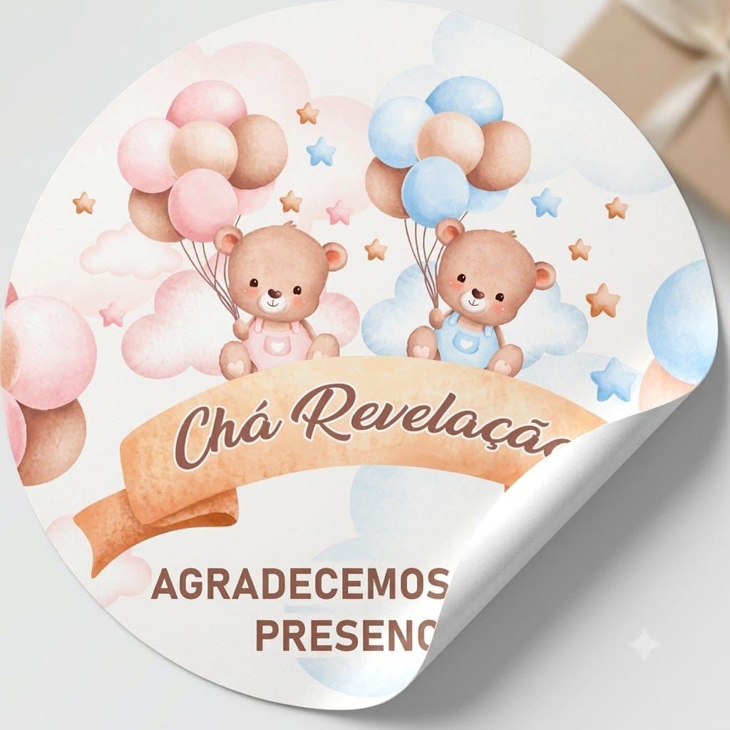 Kit 100 Rótulos adesivos Chá Revelação Chá de Bebê Ursinha e Ursinho