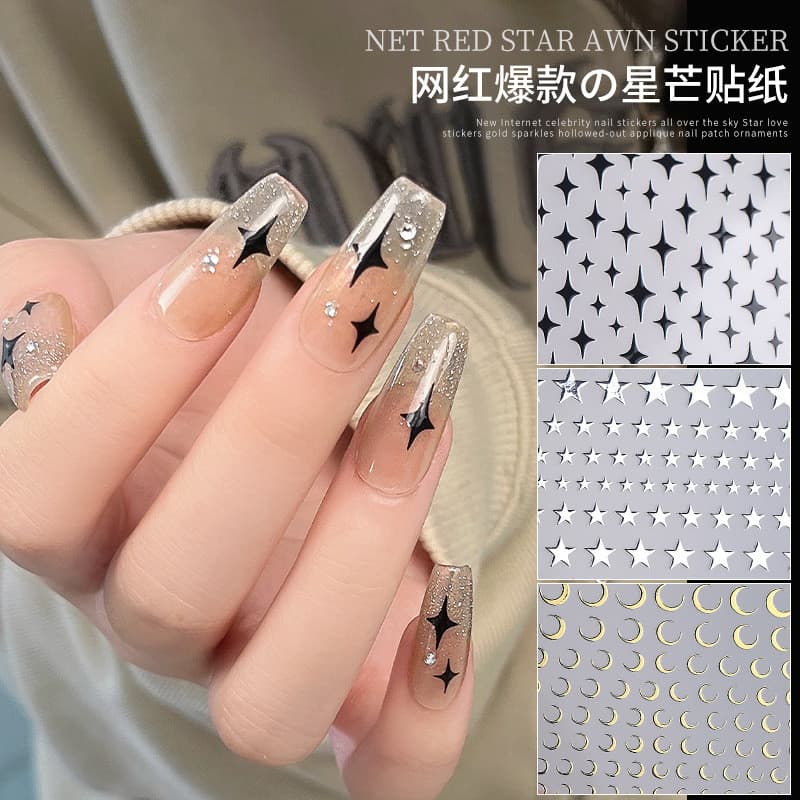 Estrela etiqueta do prego adesivo 3d Manicure ouro prata estrela ouro prata adesivo crescente estrela de cinco pontas de