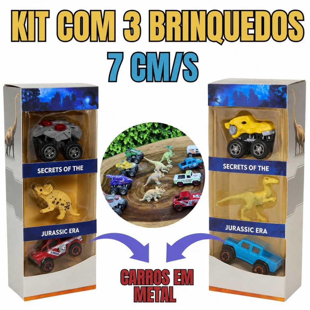 Kit Infantil Jurassic Era com 3 Brinquedos Dinossauro e Carros em Metal 7cm