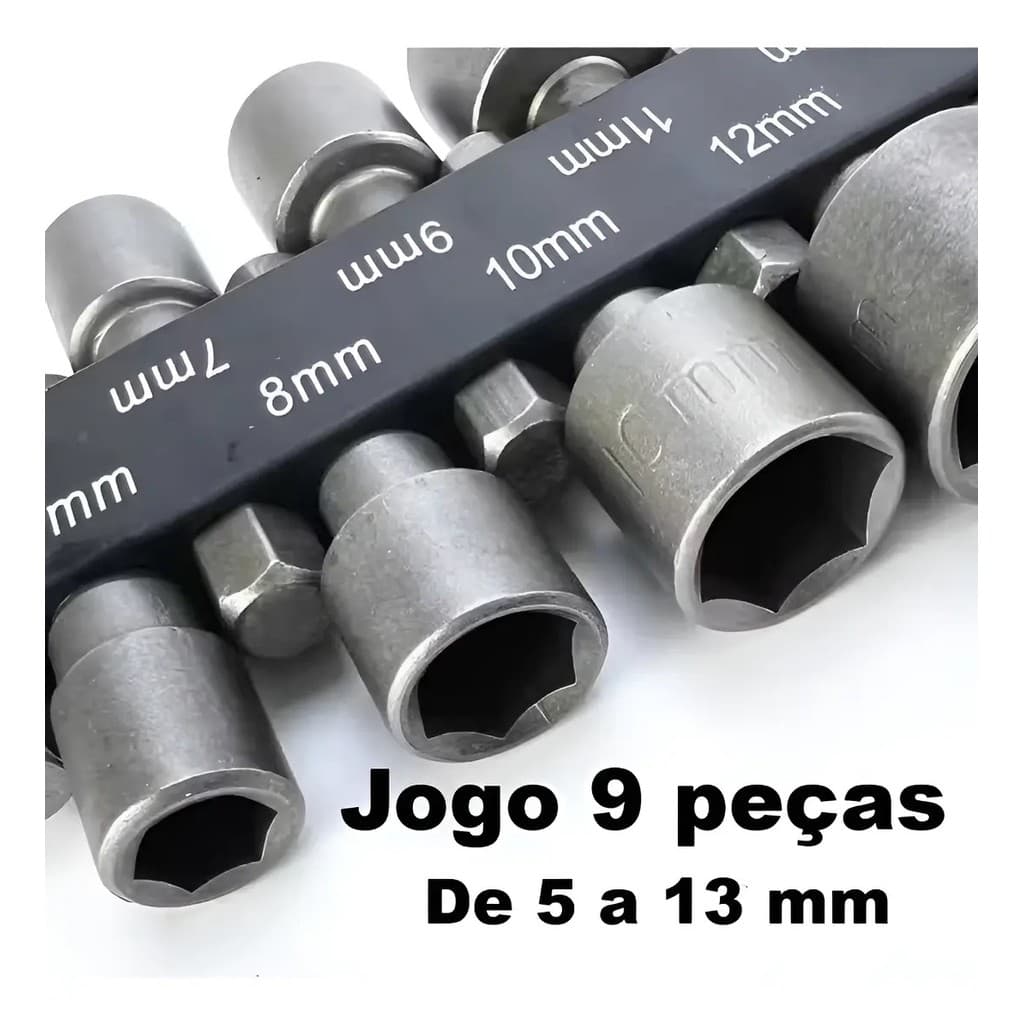 Jogo Kit Bits Soquete Canhão 9 Peças 5 A 13 Mm Parafusadeira