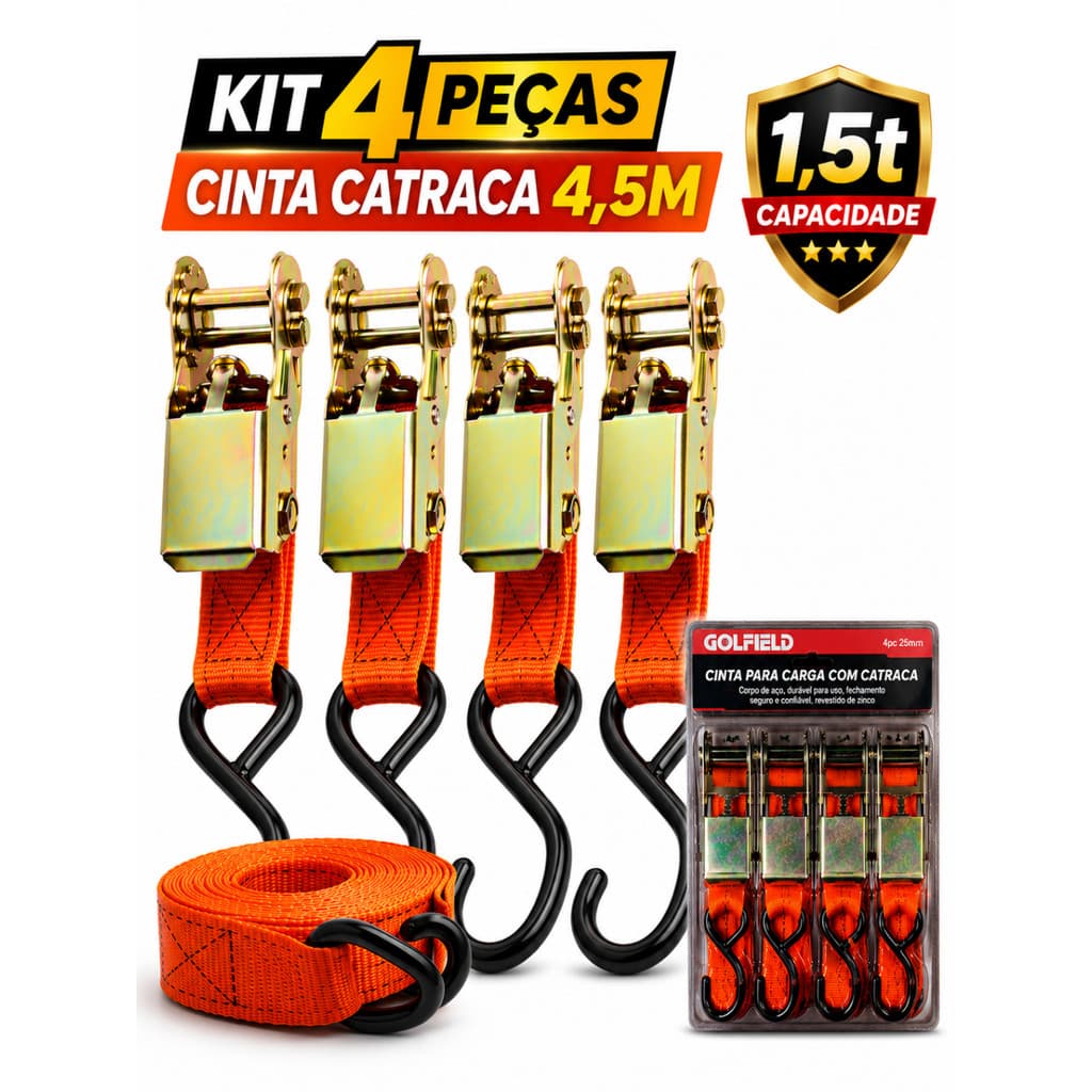 Cinta Catraca Com Gancho Kit 1 a 4 Amarração de Carga 4,6 metros Suporta 800kg