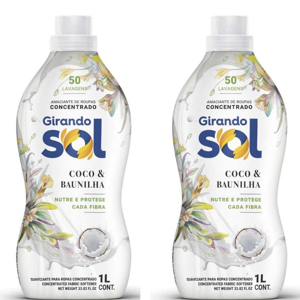 Kit 2 Amaciante de Roupas Concentrado Coco E Baunilha Girando Sol 1L Cada Casa Perfume Prolongado