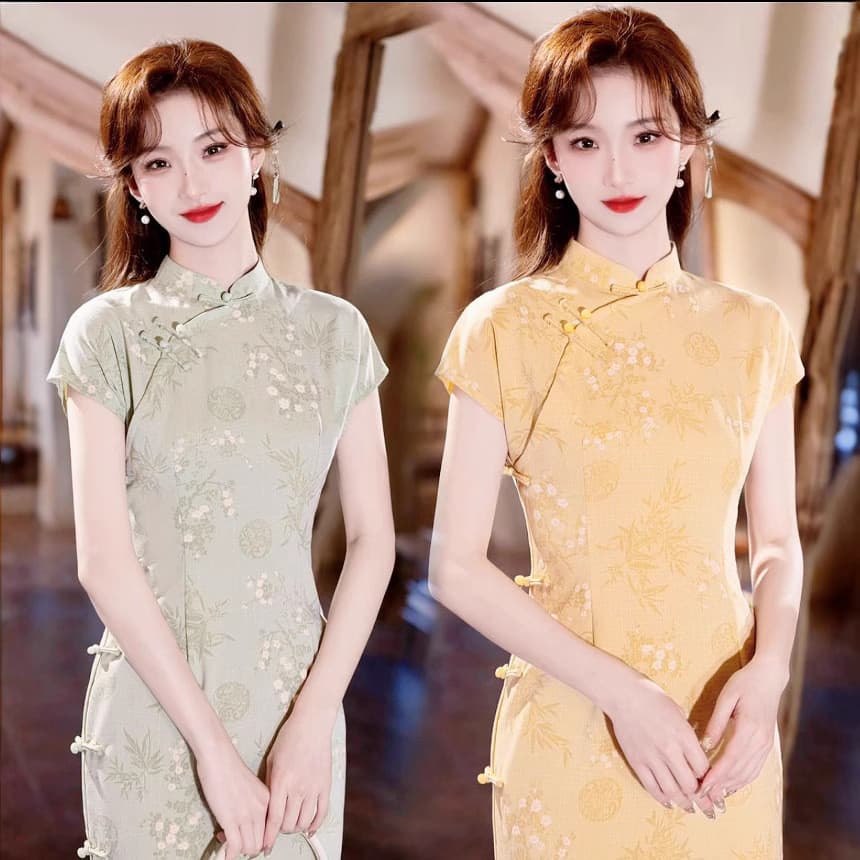 T Tang Yilian Verão Novo Estilo Verde Cheongsam Melhorado Estilo Jovem Gypsophila Em Relevo Pequeno Vestido De Linho De