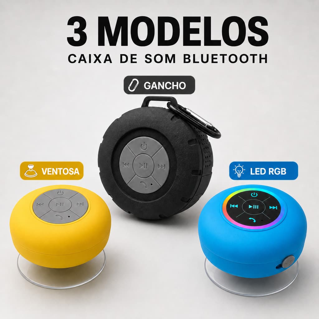 Caixa de Som Bluetooth Portátil para Banheiro com Ventosa RGB ou Gancho Resistente à Água