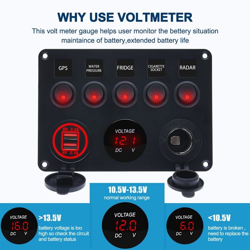 Painel De Interruptor LED Para Carregador De Carro 12V , USB Duplo 4.2A , Voltímetro Digital E Combinação De Tomada De E