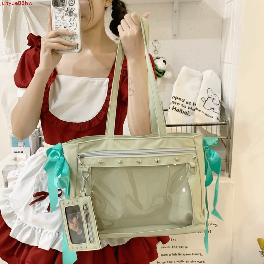 JUNYUE Bow Rivet Itabag , Harajuku Badge Display Ulzzang Ita Bag , Y2K Bolsa De Ombro Transparente Em PVC De Cor Sólida