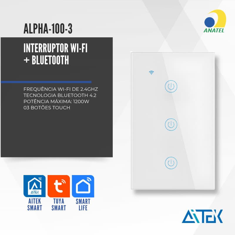INTERRUPTOR WIFI TOUCH 3 TECLAS BRANCO APP TUYA ALPHA-100-3 AITEK