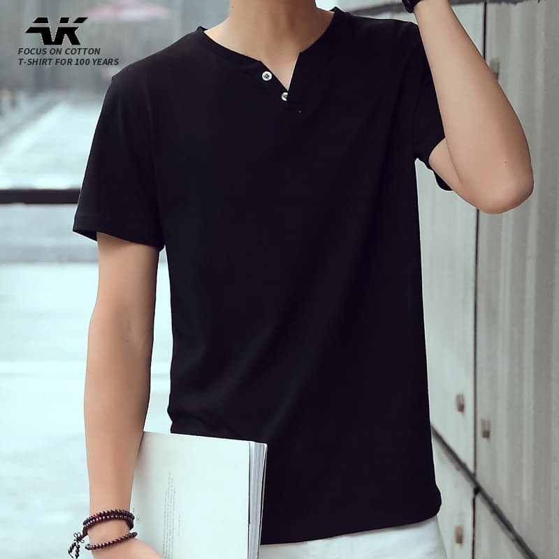 Camiseta masculina americana de manga curta com decote em V camiseta esportiva algodão puro verão cor sólida camisa de f