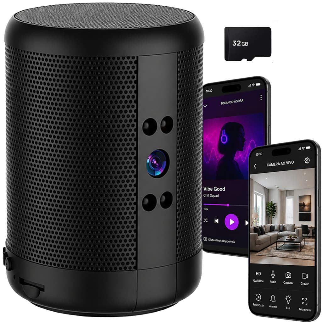 Mini Camera de Segurança Wi-Fi Escondida em Formato de Caixa de Som Bluetooth Full Hd + Cartão 32gb