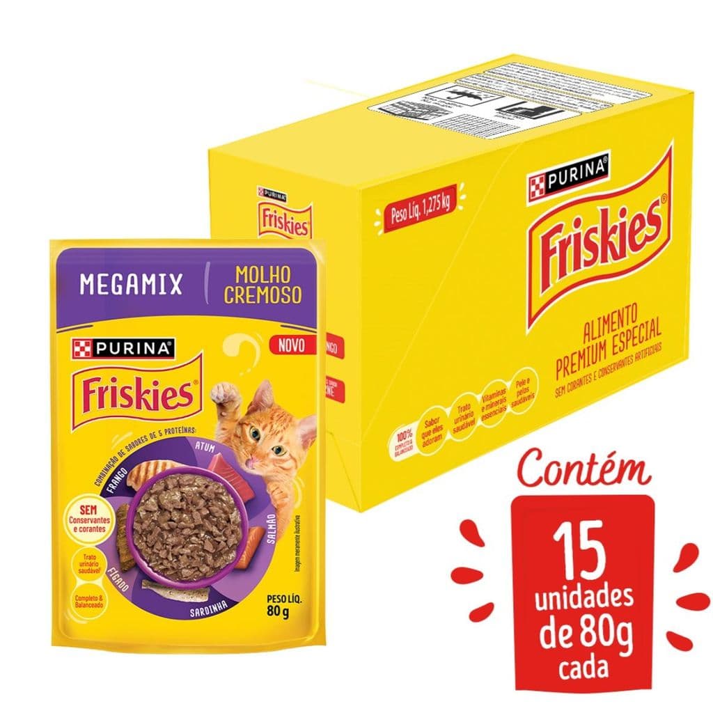 PURINA FRISKIES® MOLHO CREMOSO para Gatos Adultos Megamix 80g - com 15 unidades