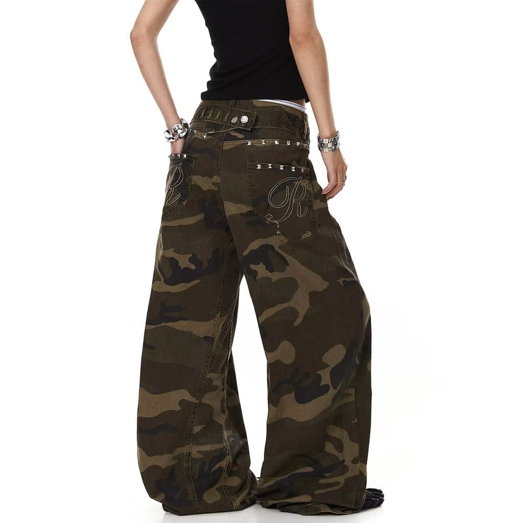 Calça Jeans camuflada americana masculina 2026 macacão retrô reto solto