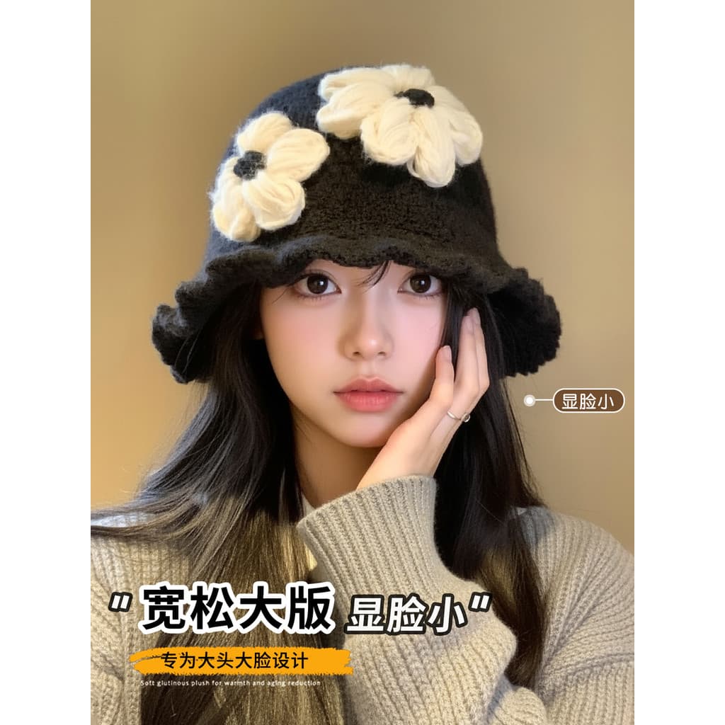 Chapéu balde de malha preto feminino 2025 novo estilo outono inverno quente grande circunferência da cabeça flor balde c