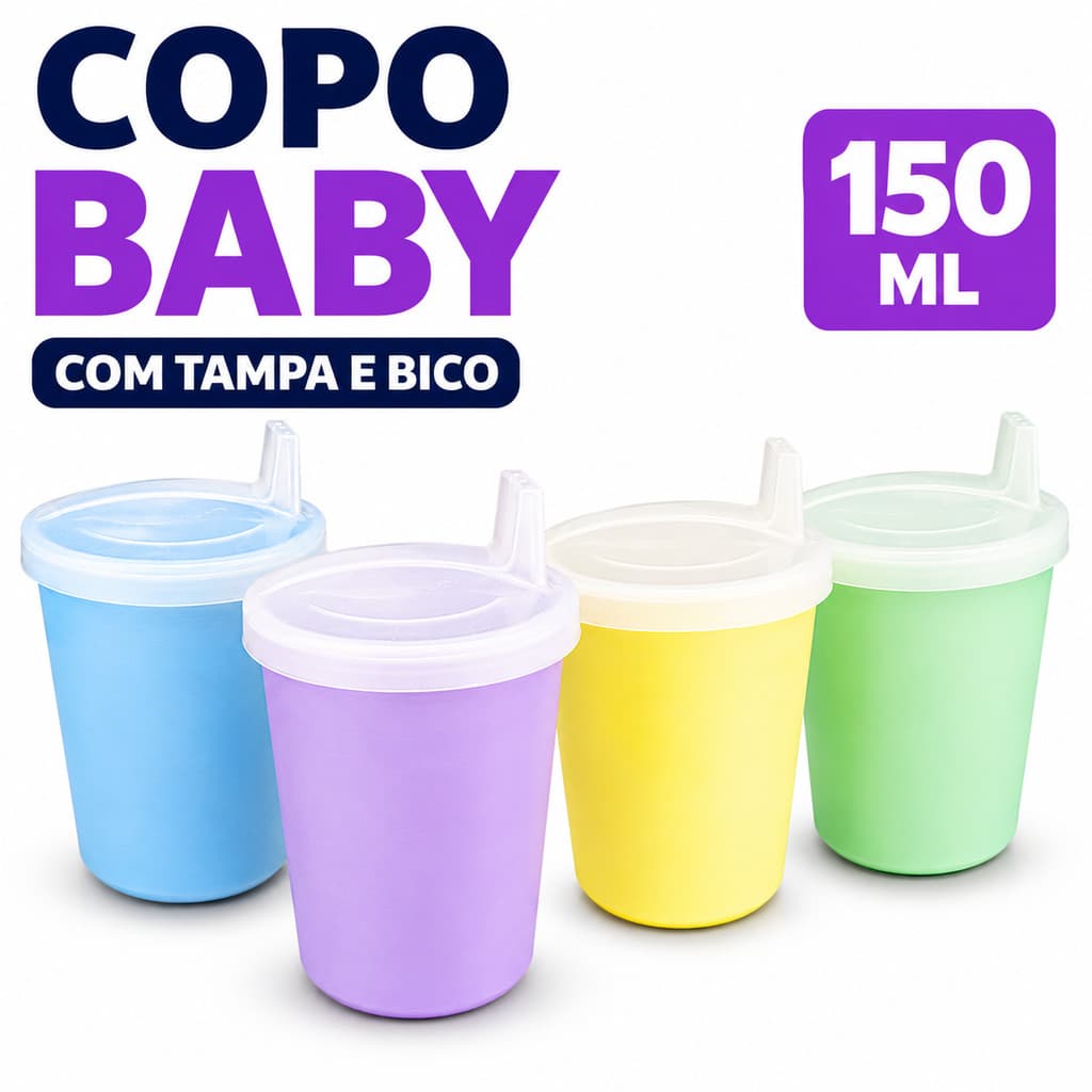 Copo Infantil Baby 150ml Com Bico e Tampa Transição Resistente Uso Diário Creche Escola