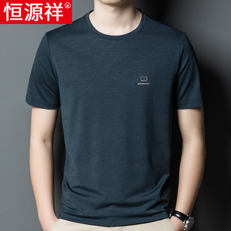 Hengyuan Xiang Ice Silk em torno do pescoço de manga curta camiseta masculina verão solto de secagem rápida meio-A