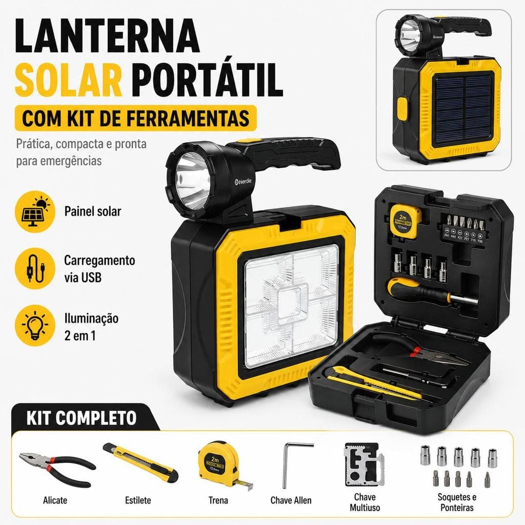 Lanterna Solar Portátil 2 em 1 com Kit de Ferramentas, Carregamento USB, Painel LED, Ideal para Camping, Carro, Casa e E