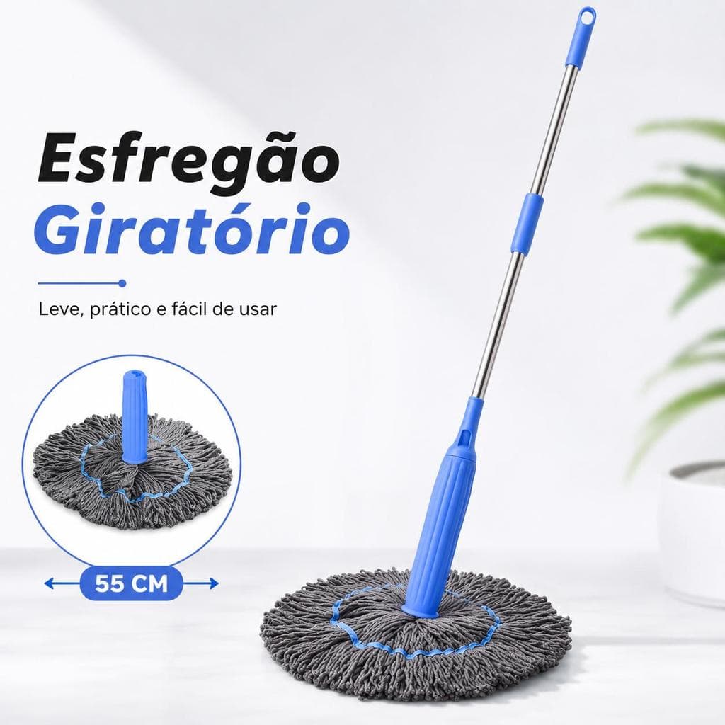 Esfregão Giratório 55cm com Cabo de Aço Inoxidável, Mop Redondo Leve 452g para Limpeza de Pisos, Cantos e Embaixo dos Mó