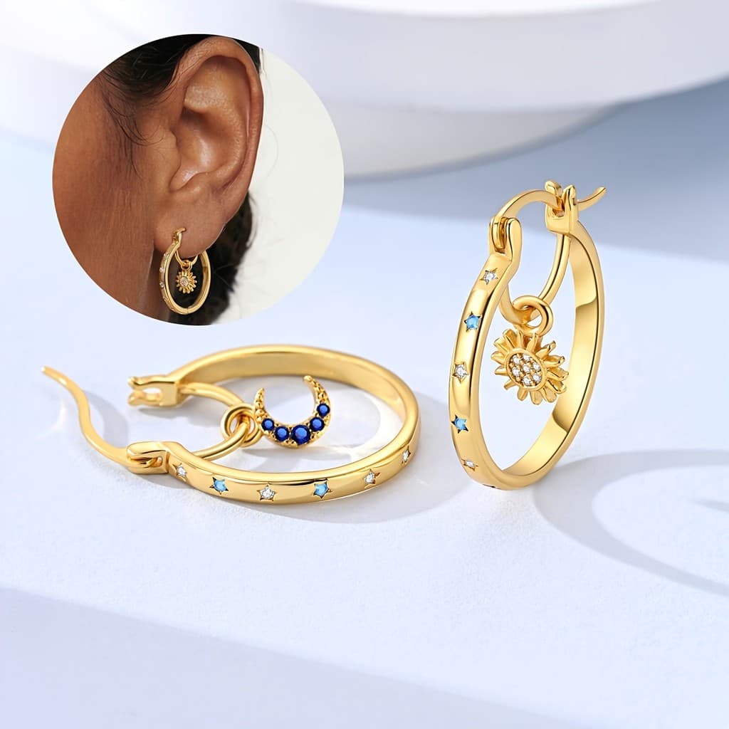 Um Par De Brincos Elegantes Banhados A Ouro 18K Pendurados Em Sol E Lua – Perfeito Para Uso Diário Presente Ideal Seu Di