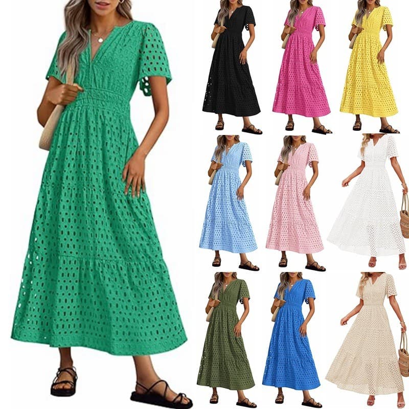 2026 comércio exterior Cross-Border feminino venda quente com decote em V oco buraco plissado vestido longo de manga cur