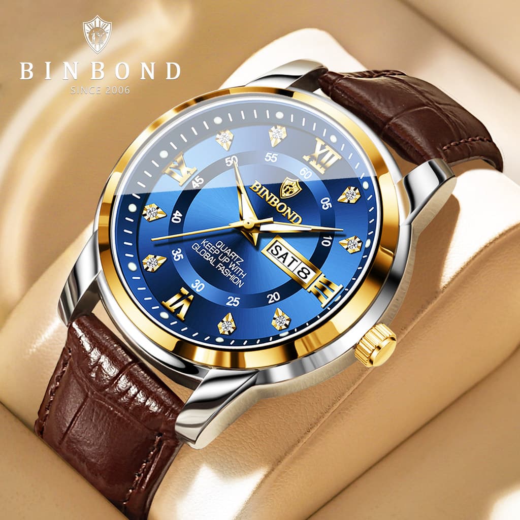BINBOND Relógio masculino genuíno à prova d'água relógio de quartzo masculino negócios cravejado de diamantes couro genu