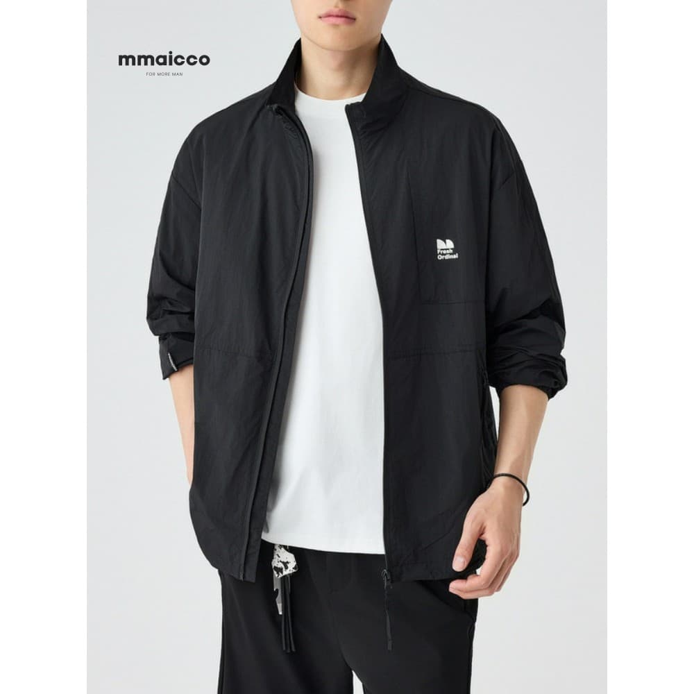 Momaike masculino solto Casual protetor solar roupas 2025 verão novo estilo simples impresso gola alta jaqueta masculina