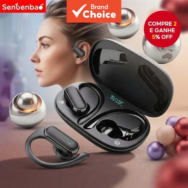 Fones de Ouvido Esportivos Sem Fio SENBENBAO A520 com Bluetooth 5.4, Design Estéreo de Gancho, Cancelamento de Ruído,