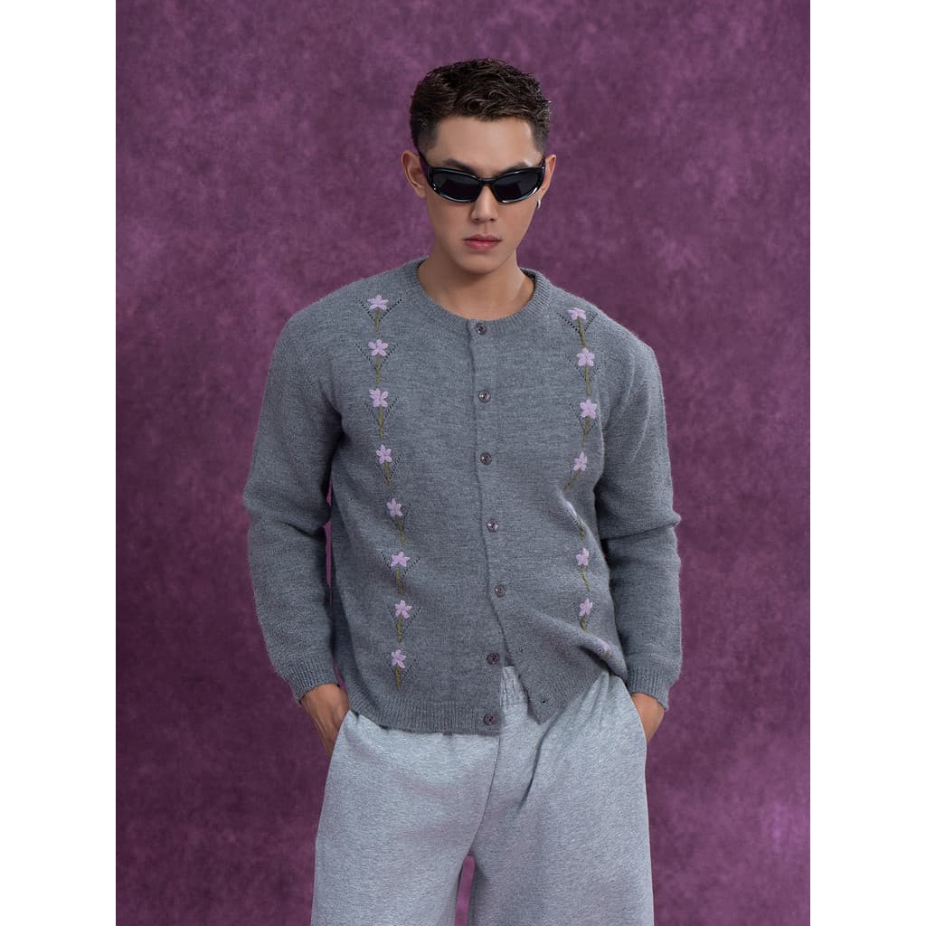 CLP Cinza Bordado Pequena Flor Cardigan Malhas Suéter Homens Mulheres Casual Retro Jaqueta Botão Lã Manga Longa Na Moda