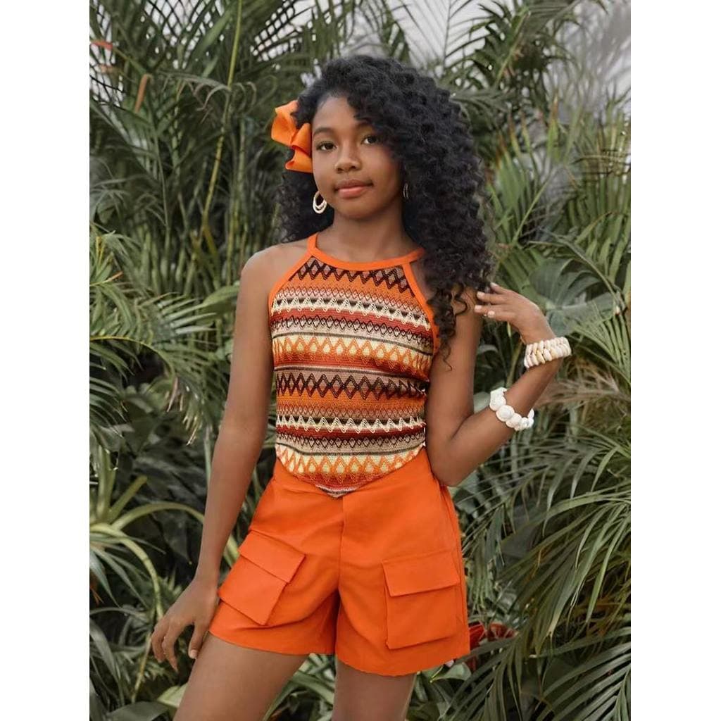 Conjunto Infantil Menina 7 a 12 Anos Camiseta Regata Decote Halter Estampa Geométrica Shorts Cargo Laranja Casual Mod