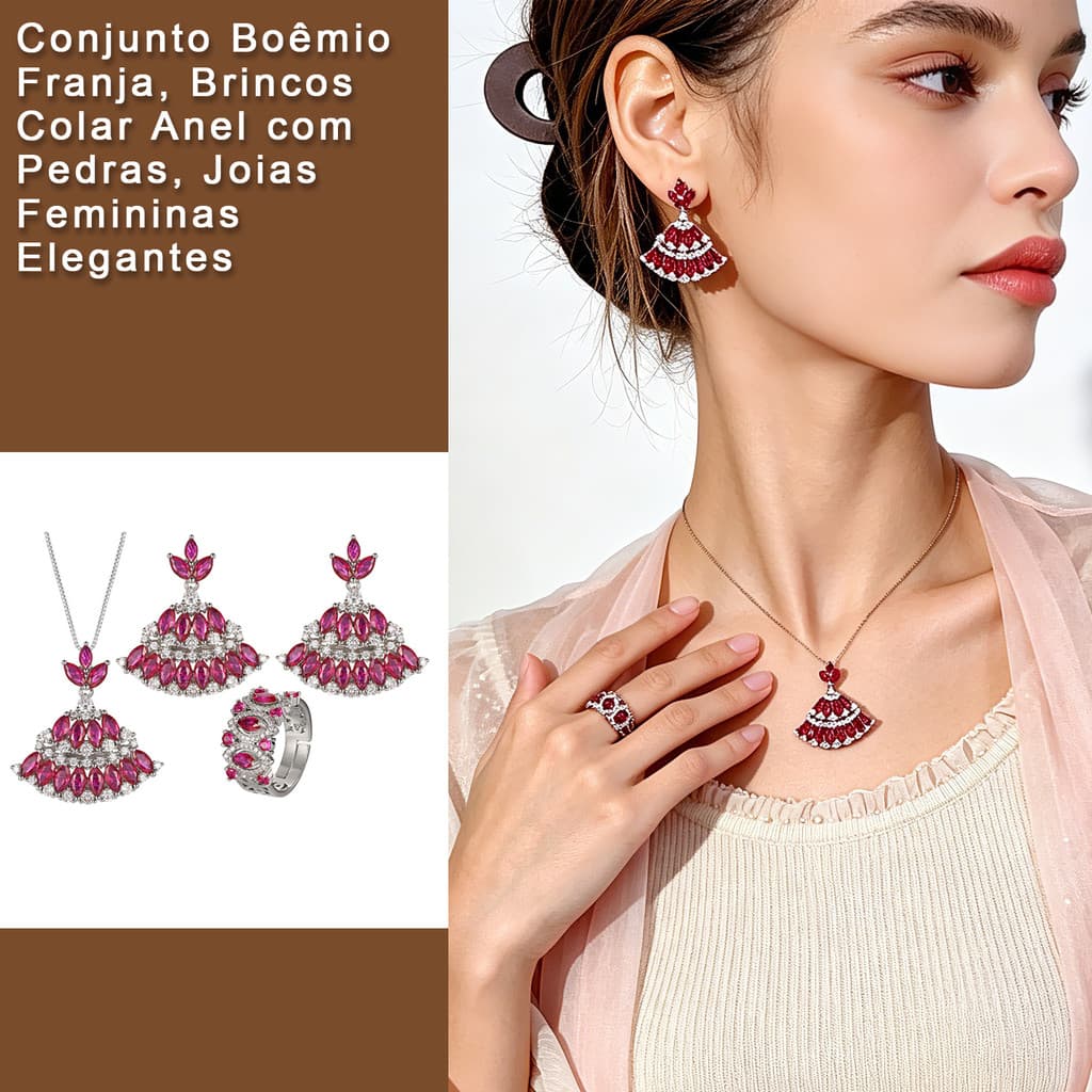 Conjunto de Joias Boêmio com Pedras Coloridas, Brincos Colar Anel de Rubi, Franja Étnica Feminina