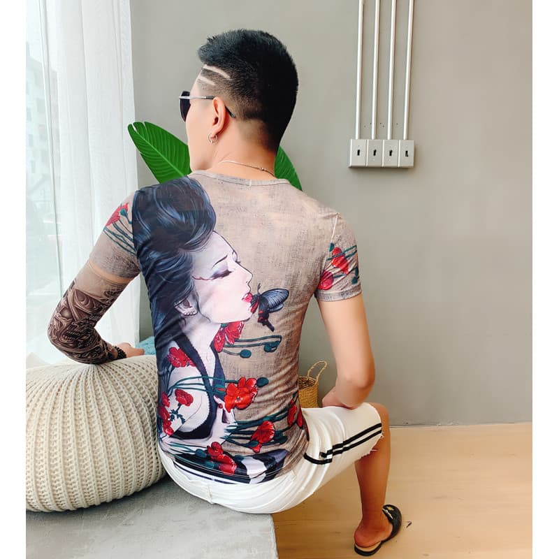 Verão impresso gelo seda respirável de manga curta versão coreana masculina na moda magro-ajuste camiseta Social cara