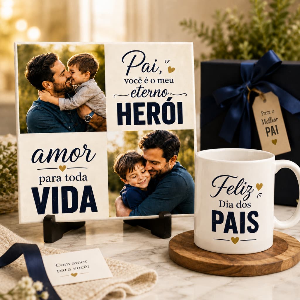 Kit Decorativo Azulejo Dia dos Pais Personalizado com 2 Fotos | Presente | Homenagem | Único e Especial para Pai
