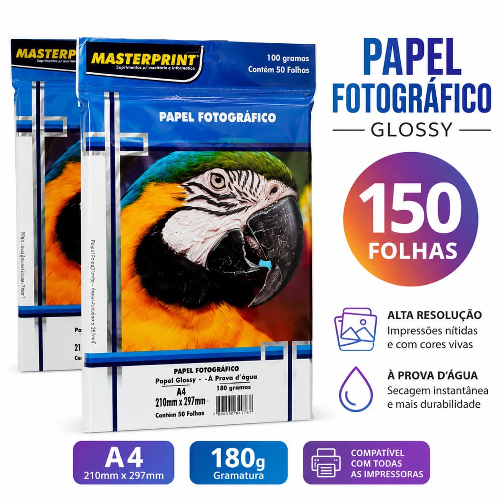 Papel Fotográfico A4 Glossy 180g Masterprint 150 Folhas
