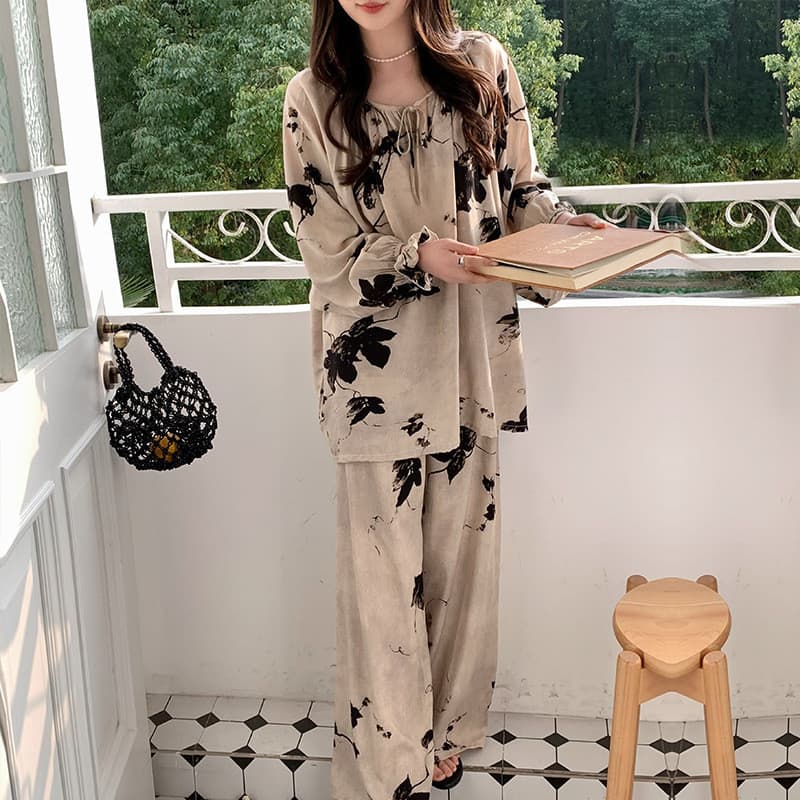 Estilo algodão seda pijamas de manga comprida feminino estilo fino respirável absorvente de suor Homewear terno lazer em