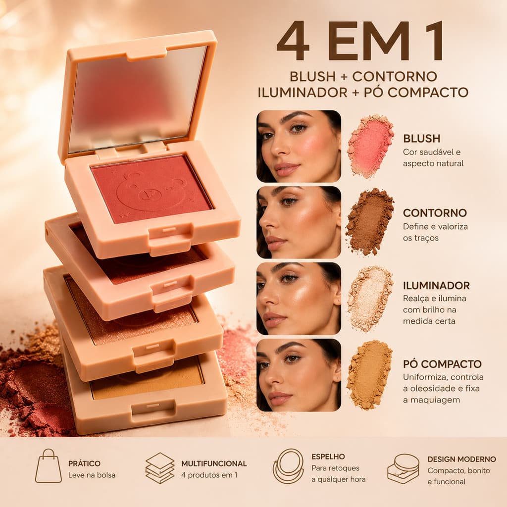 Paleta 4 em 1 Lua&Neve Blush Contorno Iluminador e Pó Compacto com Espelho - Beleza e Maquiagem