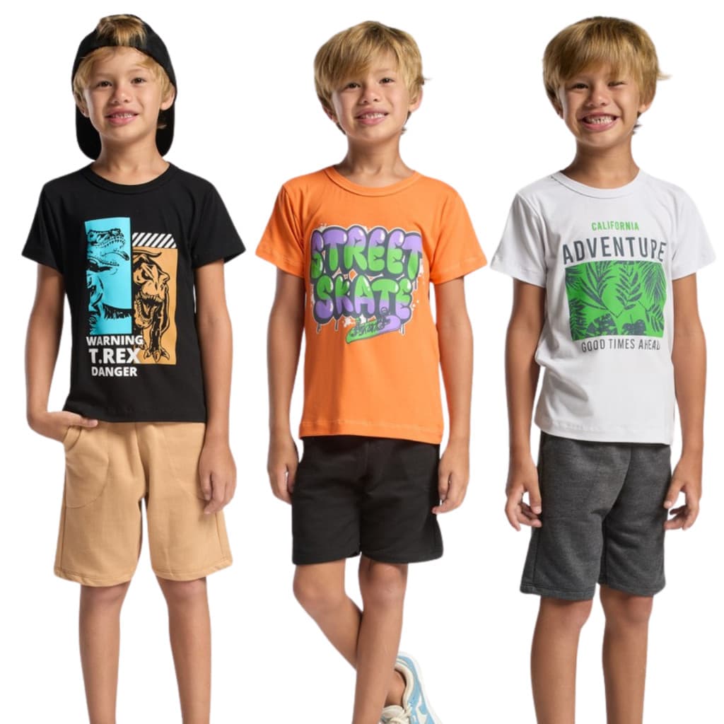 Kit 3 Conjuntos Menino Sortido Algodão Blusa e Shorts Confortável Verão Cotton Tecido Premium